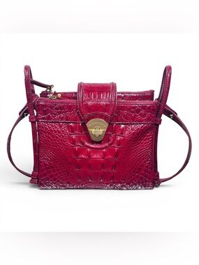 BRAHMIN Red Croc Embossed Leather Triple Zip Crossbody Bag Wallet Organizer EUC